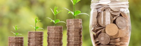 שלושה מגדלי מטבעות עם צמח, וכוס עם מטבעות