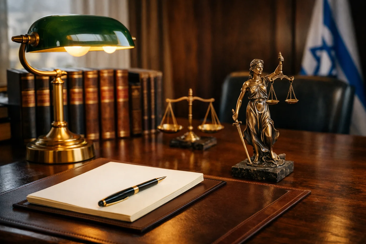 שולחן עבודה של עורך דין עם ספרי משפט