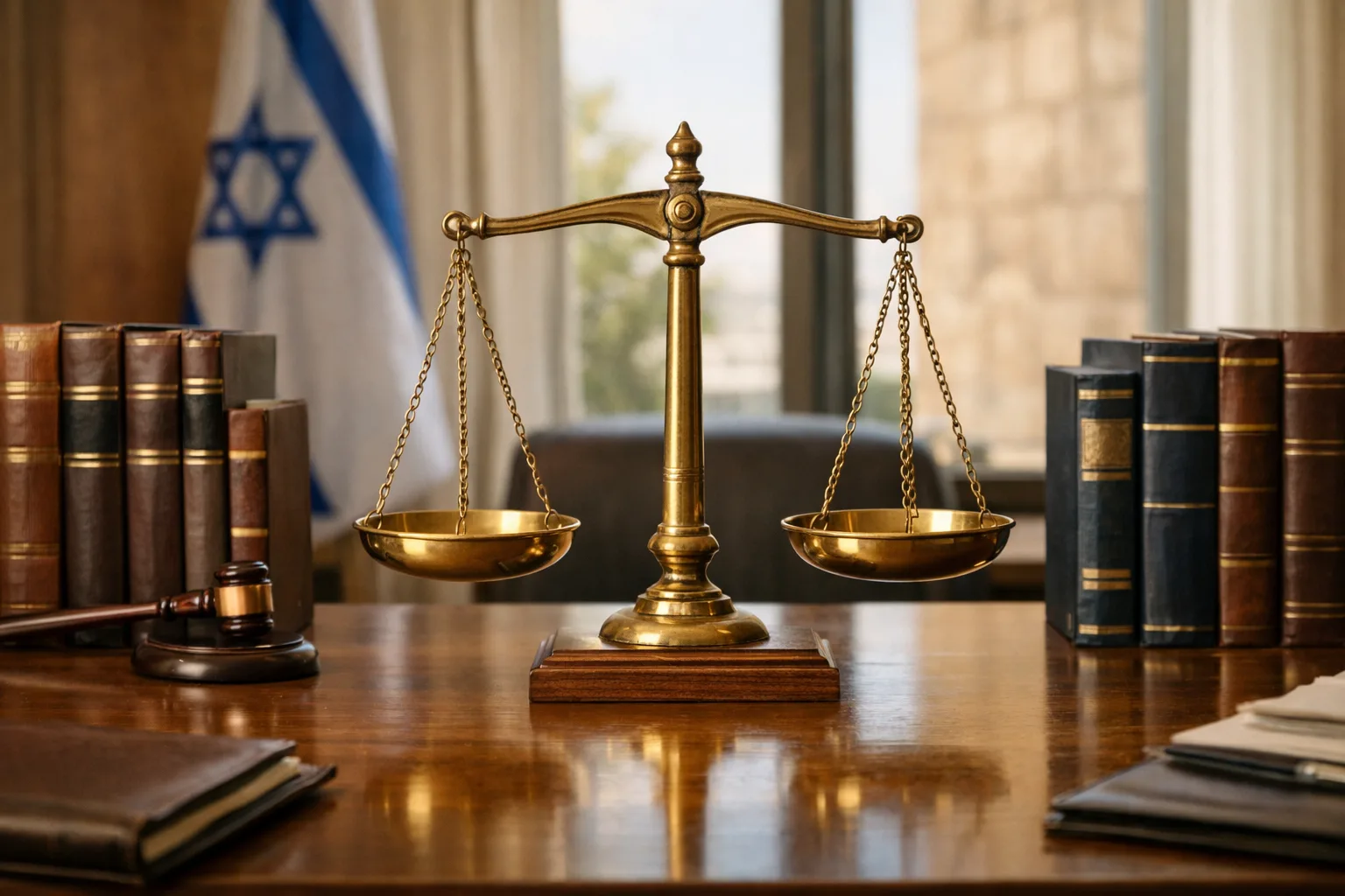 מאזני צדק עם ספרי משפט משני צדדים