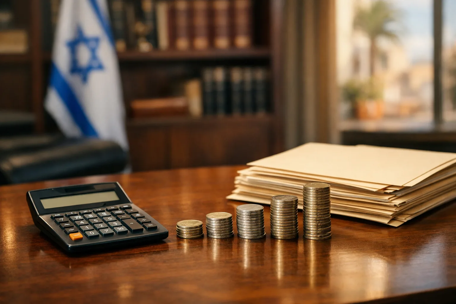 מחשבון על שולחן עורך דין עם מטבעות